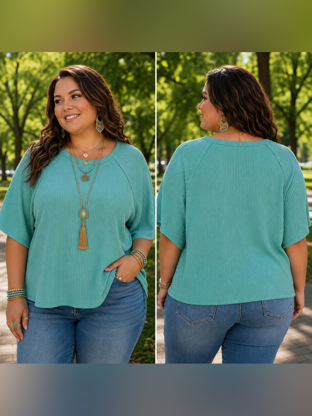 🆕 Aqua Ribbed Oversized Boho Tunic Top Lightweight Stretch 1X 2X 3X